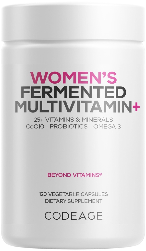 Multivitamines quotidiennes, 25+ vitamines et minéraux, fermentés, aliments entiers organiques, suppléments probiotiques - Vitamine A, B, C, D, E & K, Omega 3, Zinc – végétalien - 120 capsules