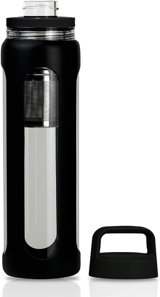 20oz Glass Water Bottle with Silicone Sleeve, 600ml Mug with 2 Tier Lid (Wide Mouth and Small Mouth Straight Drinking) with Tea Leak Bottle - Gym Yoga Outdoor Activities (Black)