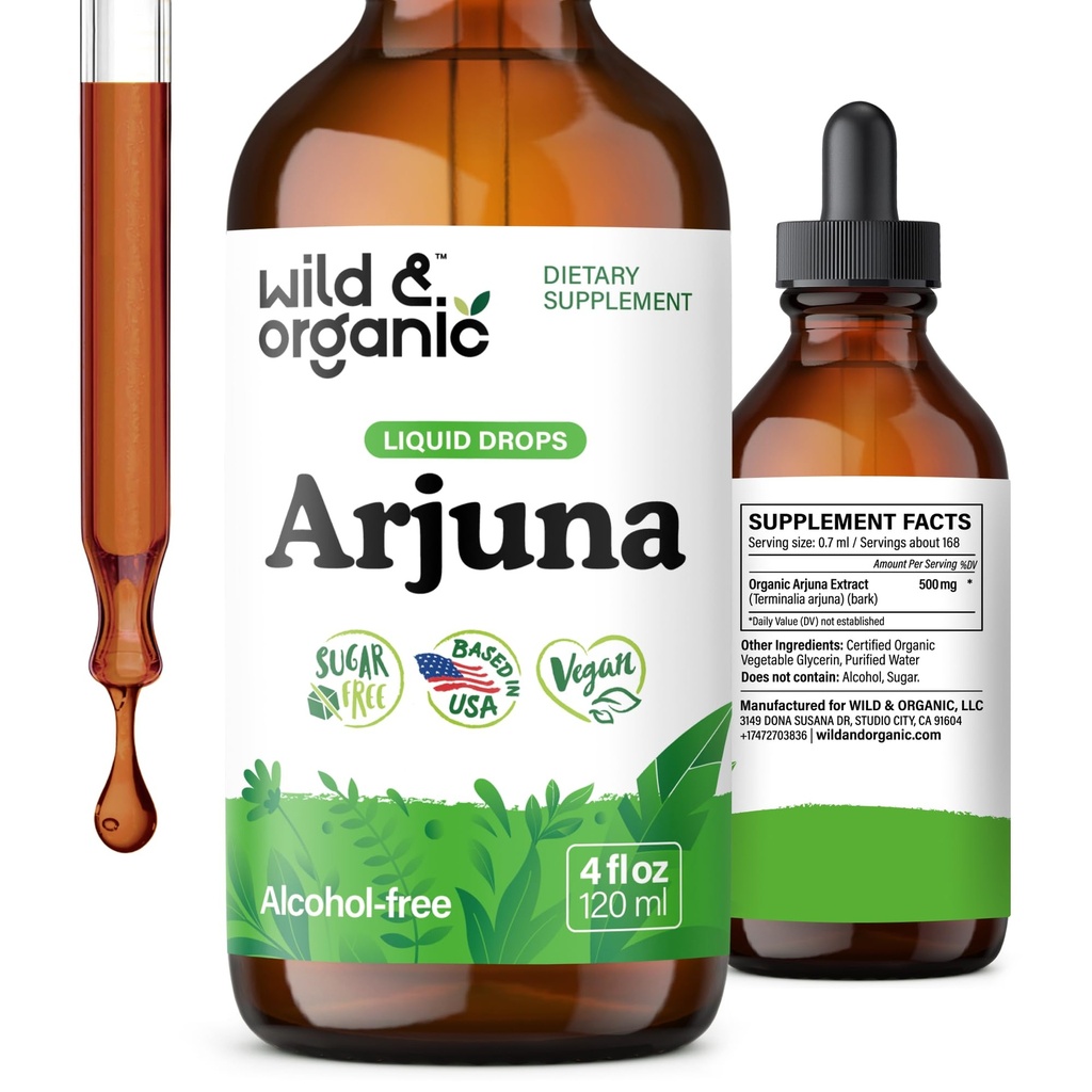 Wild & Organic Arjuna Bark Tincture - Gesamte Well-Being-Ergänzung - Alkoholfreie Flüssigkeitstropfen - Terminalia Arjuna Bark Extrakt - Keine Zucker & Additive, Non-GMO - 4 fl oz