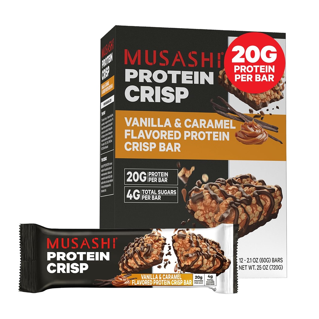 MUSASHI Protein Crisp Bar, 20g Protein, 4g Gesamtzucker, Vanille & Caramel, Post Workout und Snack On The Go, 12 Packung 2,1oz (60g) Bars