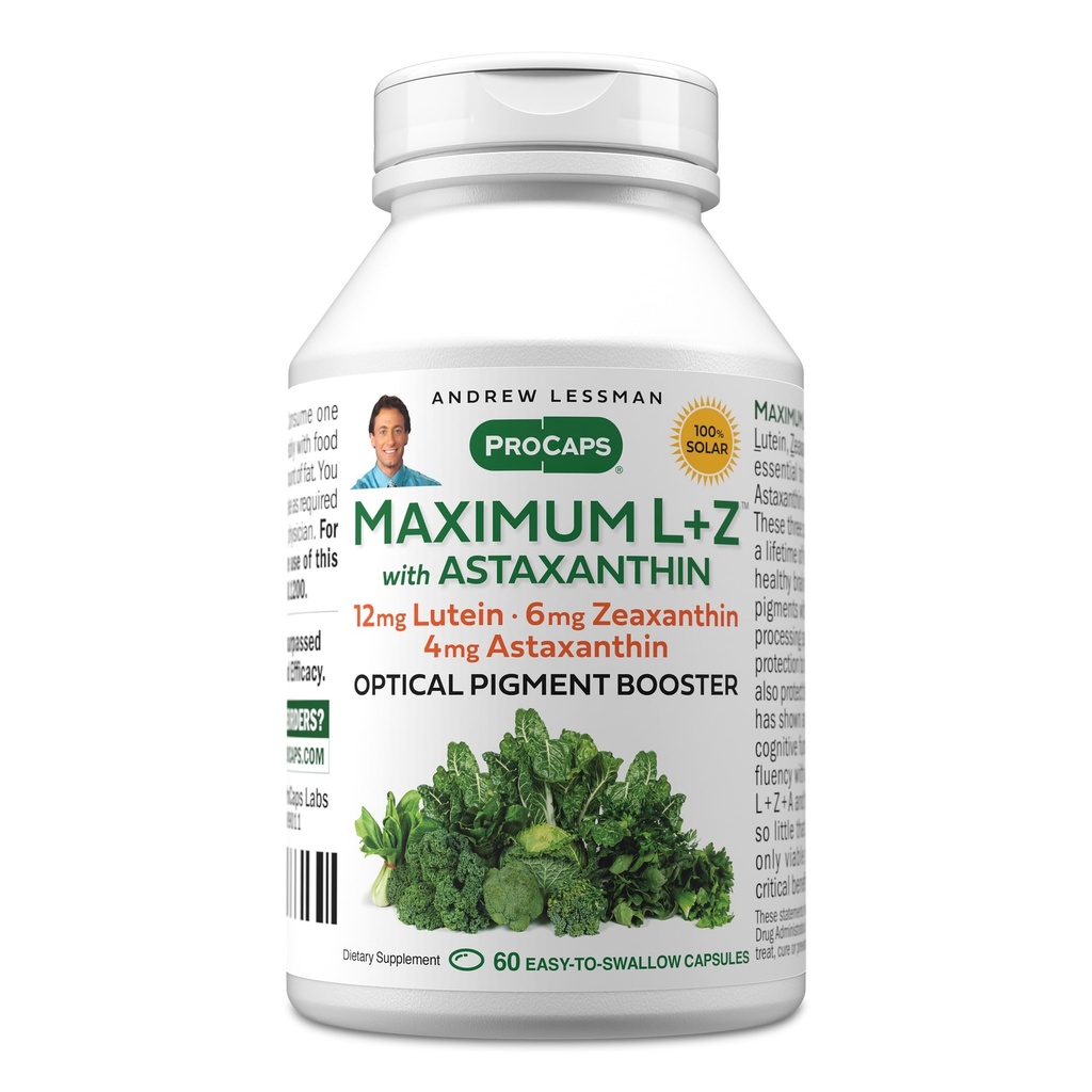 ANDREW MOINSMAN Maximum L+Z avec Astaxanthin 60 Softgels - 12mg Lutéine, 6mg Zeaxanthin, 4mg Astaxanthin. Éléments nutritifs clés pour appuyer la santé des yeux et du cerveau et promouvoir une vision saine.