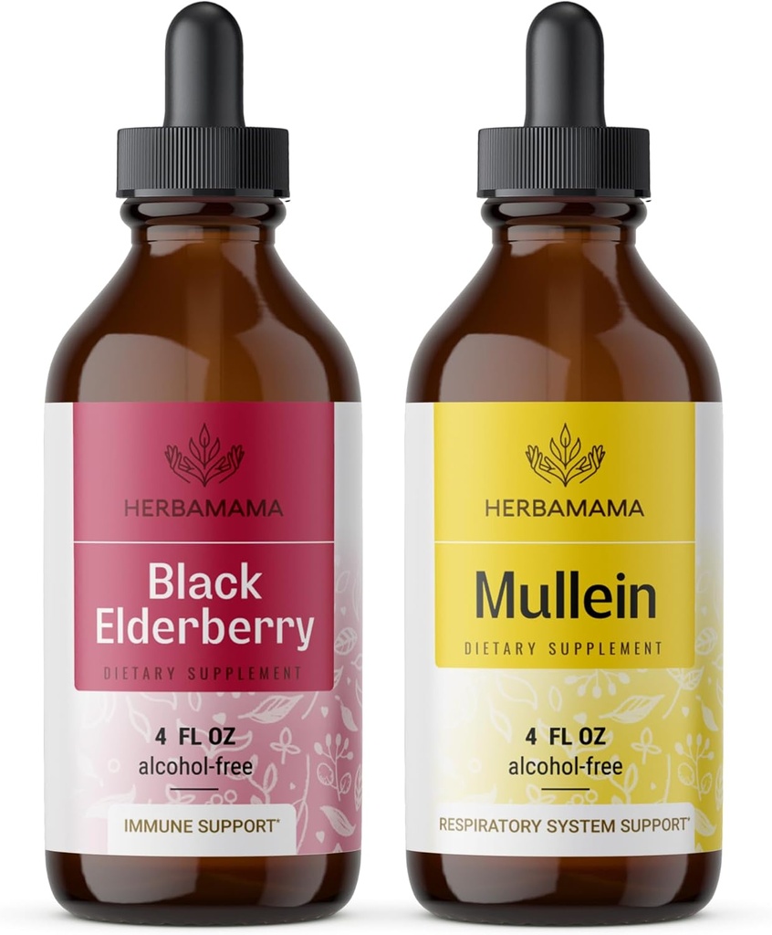 HERBAMA Herbal Liquid Drops Kit - Bundle of Black Elderberry Extract und Mullein Leaf Tincture 4 fl oz - Vegan, Non-GMO, Sugar & Alcohol-Free - 2 Pack