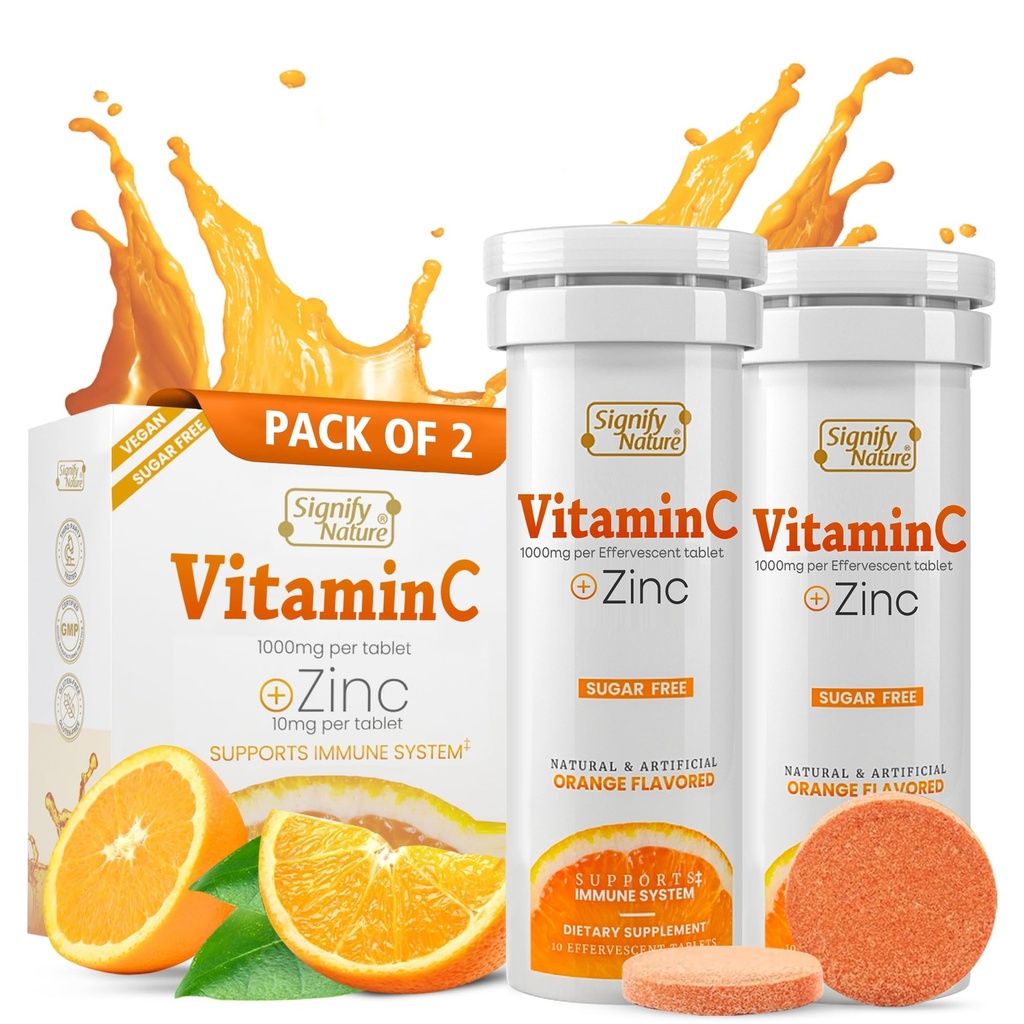 SIGNIFY NATURE Vitamin C 1000mg Effervescent Tabletten - Potent Immununterstützung VIT C mit Zinkergänzung - Zuckerfreie & Vegan Formel | Auflösbare Vitamin C Tabletten - Wasserlösliche Fizzy Elixir - 20CT