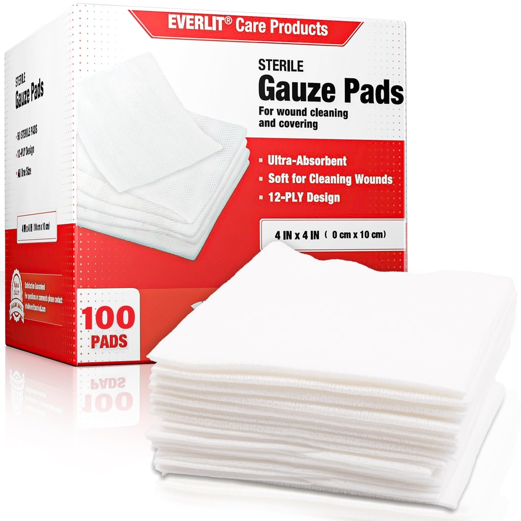 EVERLIT [Extra-Thick] 4''x4'' Sterile Gauze Pad 12-Ply, 100 Pack, Individuell Wrapped, Ultra Absorbent Große nicht-Woven medizinische Gauze Spongs für Wund Care Home Erste Hilfe Kit