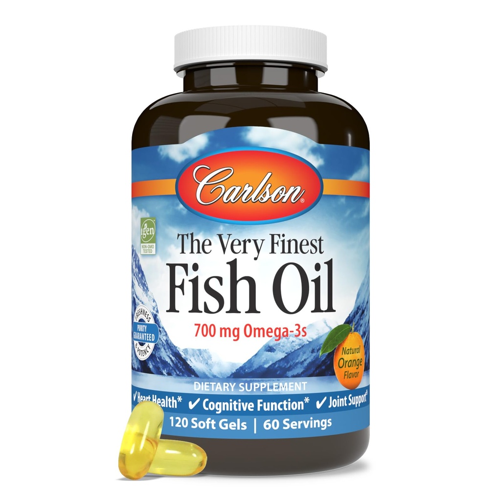 Carlson - Das sehr feinste Fischöl, 700 mg Omega-3s, Norwegische Fischöl-Ergänzung, Wild Caught Omega 3 Fish Oil, Sustainable Sourced Fish Oil Capsules, Omega 3 Supplement, Orange, 120 Softgels