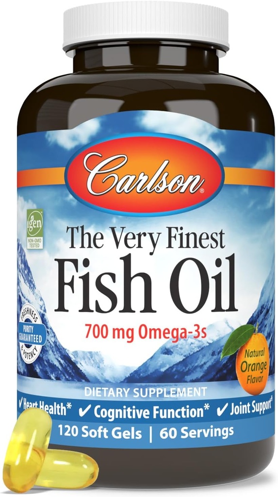Carlson - Das sehr feinste Fischöl, 700 mg Omega-3s, Norwegische Fischöl-Ergänzung, Wild Caught Omega 3 Fish Oil, Sustainable Sourced Fish Oil Capsules, Omega 3 Supplement, Orange, 120 Softgels