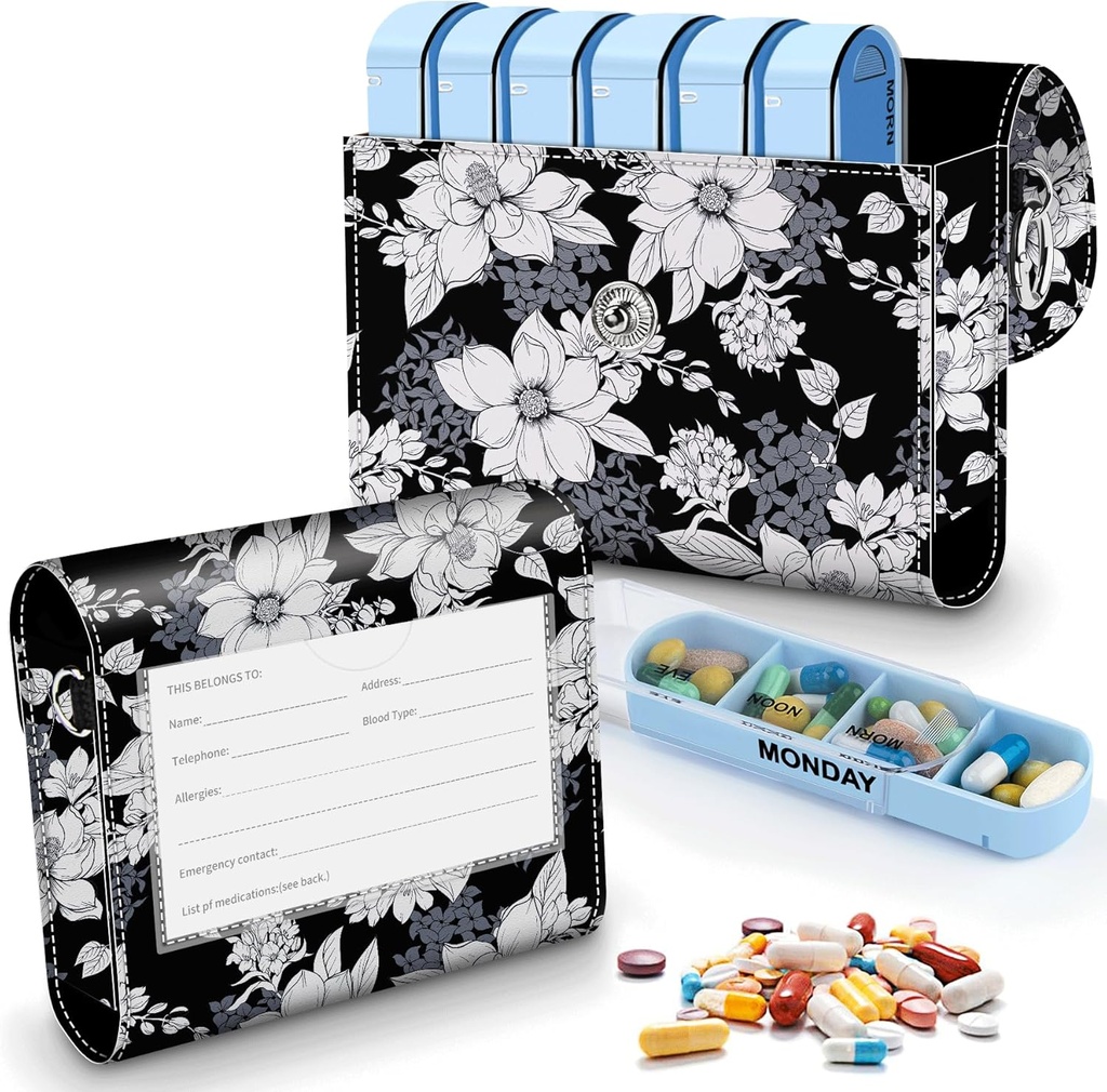 Pill Organizer Fall, Wöchentliche Reise Pille Case Medication Reminder Daily AM, Day Night 7 Compartments,für 4 Mal am Tag, 7 Tage pro Woche-Inklusive Elegante gedruckte Leder Tragetasche