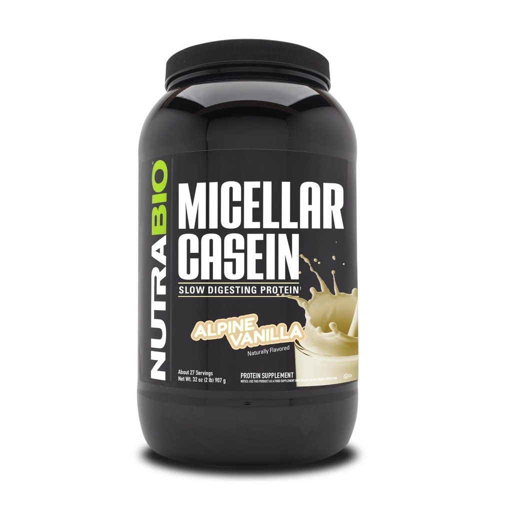 Poudre de protéines de caséine de NutraBio, poudre de casien micellaire, 25g de protéines de digestion lente, aide à vous garder complet, récupération musculaire de nuit et croissance, BCAA & EAA, sans gluten, sans soja, 2lb Vanille
