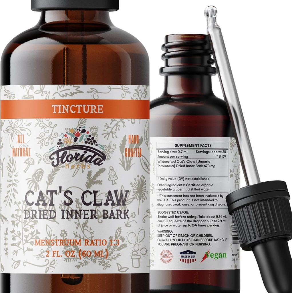 Katzenkralle Tinktur, Katzenkralle Extrakt Alkoholfreie Kräuterergänzung Tropfen, flüssige natürliche Verdauungsgesundheit, Gemeinsame Gesundheit, Vegan - Made in USA - 2 Fl Oz