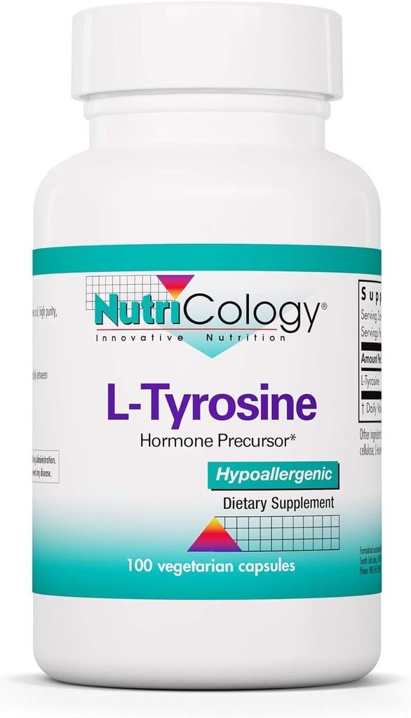 Nutricology L-Tyrosin - Gehirnunterstützung, Hormon Precursor, freie Form Aminosäure, 500mg Supplement, Schilddrüsenunterstützung Kapseln - 100 Count