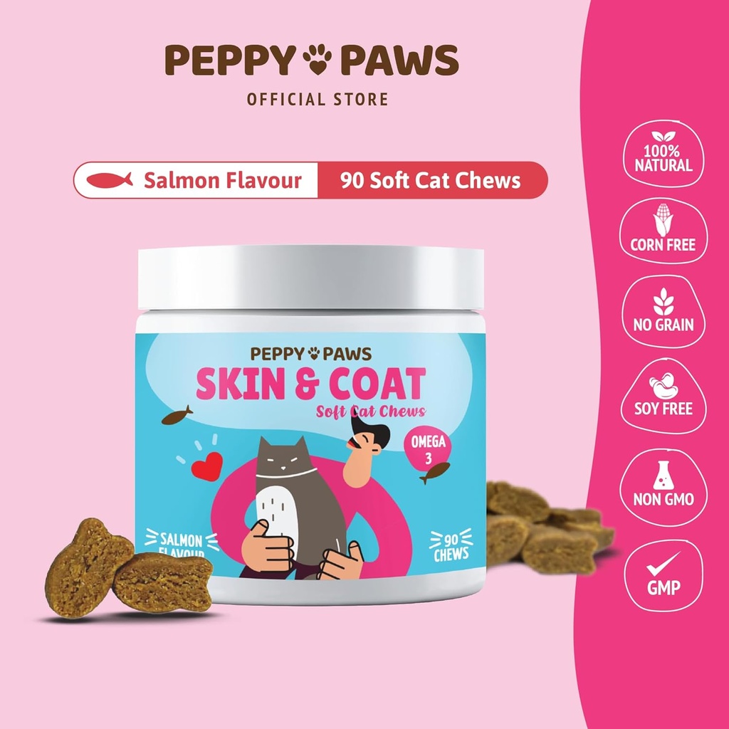 Skin & Coat Chews für Katzen - 90 Soft Chews | Salmon Flavor | mit Omega 3, Vitamine & Biotin Supplement | Unterstützt Shiny Coat, Reduziert Shedding & Itching | für Cat Dandruff & Allergy Relief