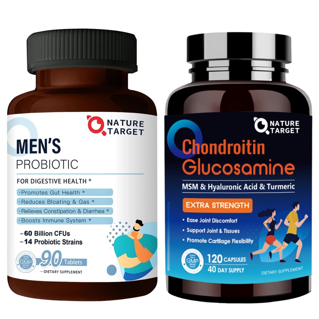 NATURE TARGET Probiotics für Männer mit Men Care Supplement, Glucosamin Chondroitin MSM, Joint Support Supplement, Shellfish Free