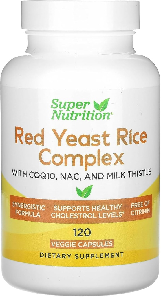 Super Nutrition Red Yeast Rice Complex mit Bio Red Yeast Rice, N-Acetyl Cystein, Coenzym Q10 und Milchdistelextrakt, 120 Veggie Capsules