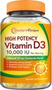 Vitamin D3 10000 IU, Knochen, Zähne und Immununterstützung, Non-GMO, keine Gelatine, Gluten oder Soja, 90 Tage Versorgung, 180 vegetarische Softgele