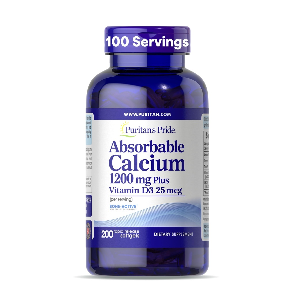 Puritan's Pride Absorbable Calcium 1200 mg Plus Vitamin D3 25mcg 1000 IU mit Bone-ActiveTM, 200 Rapid Release Softgels
