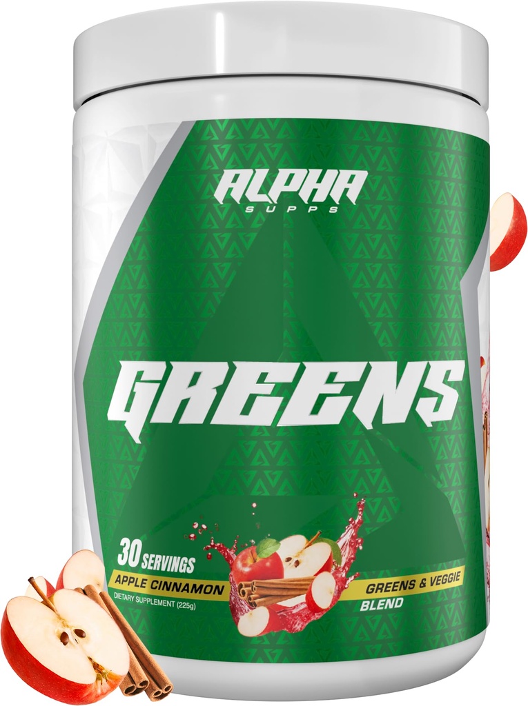 Alpha Supps - Alpha Greens Supplement | Obst & Gemüse Superfood Pulver | Über 40 Natürliche pflanzliche Inhaltsstoffe | Prebiotic & Probiotic Digestive Support Blend - 30 Servietten (Apple Cinnamon)