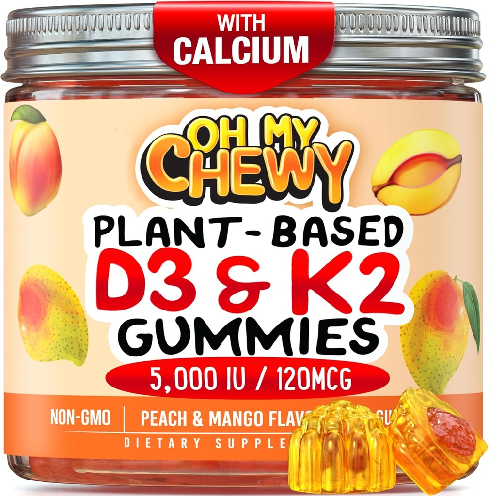 Center-Filled Vitamin D3 K2 Gummi - Kinder, Jugendliche & Erwachsene - Ergänzung für gesunde Zähne, Knochen, Energie & Immunität - 5000 IU D3, 120 mcg K2(MK-7), 120 mg Calcium - Vegan & Non-GMO - 120 Count