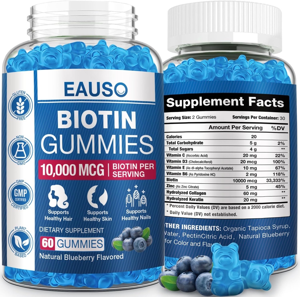 Gommies Biotine Extra Strength 10 000 mcg pour cheveux, peau et ongles plus forts - 60 Gommies - Vegan, Non-OGM, Supplément santé