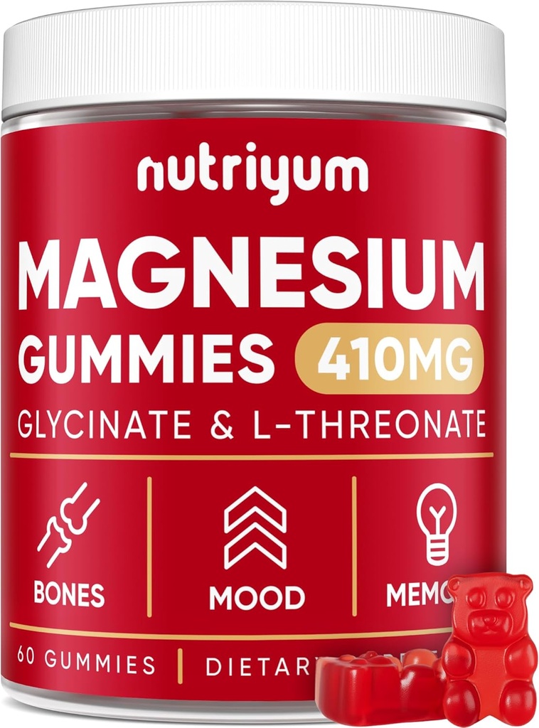 Magnesium Glycinate Gummies for Adults & Kids - 410mg Elemental Magnesium L-Threonate Chewables for Bones & Memory Support, Calm Mood - 2 Month Supply Magnesium Gummies Supplement Complex - 60 pcs
