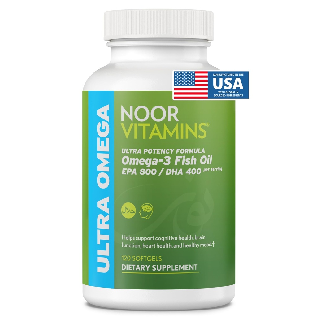 Noor Vitamine Halal Fish Oil, Halal Vitamine, Ultra Omega 3 Wilder peruanischen Fisch (800 mg EPA & 400 mg DHA) Herz, Gehirn & Gelenkunterstützung, Non-GMO und Glutenfrei (120 Zähler)