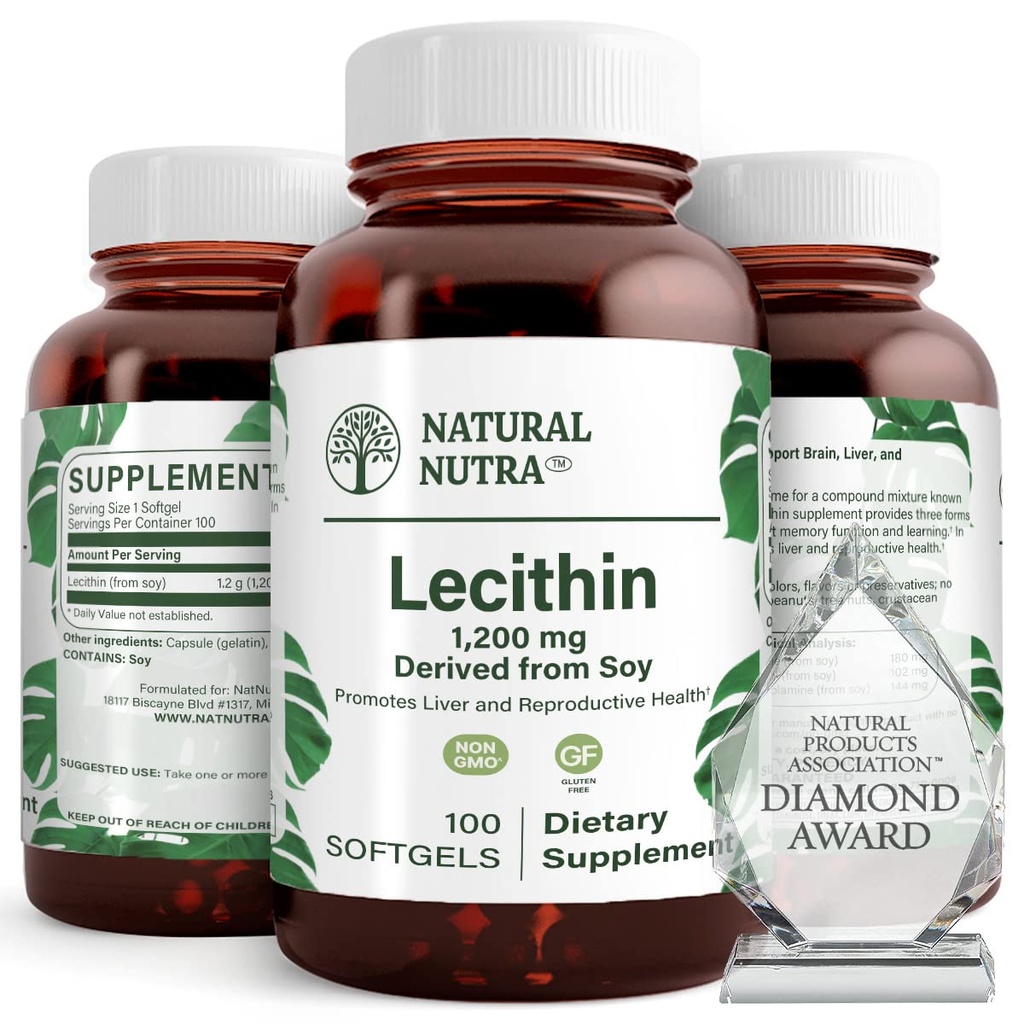 Natural Nutra Soy Lecithin 1200 mg Nahrungsergänzungsmittel - Gehirnfunktion, Lebergesundheit, Hepls Brustgesundheit, Memory Boosting Supplement - Glutenfrei, BPA-frei, 100 Softgel in recycelbaren Glasflaschen