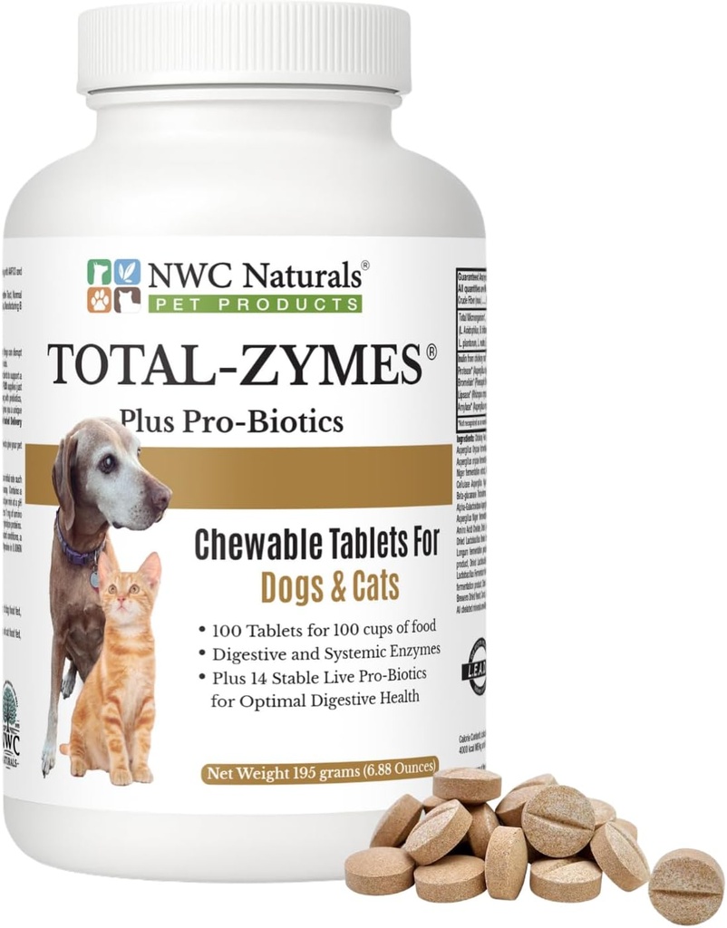 NWC Naturals Total-Zymes Plus Vegetarische Verdauungsenzyme für Hunde & Katzen, unterstützt ein gesundes Verdauungstrakt & Immunsystem, Fortgeschrittene Probiotika & Präbiotika- 100 Kautabletten