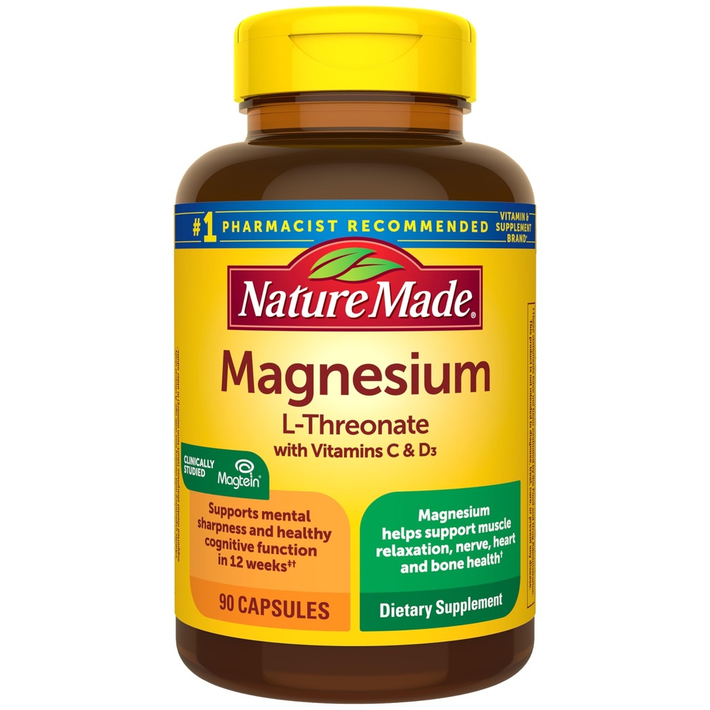 Nature faite Magnésium L-Thréonate avec Vitamine C et Vitamine D3, Fournit 130 mg de Mag de 1800 mg Magnésium L Thréonate, supplément de soutien cognitif Magnésium, 90 Capsules, 30 jours d'approvisionnement