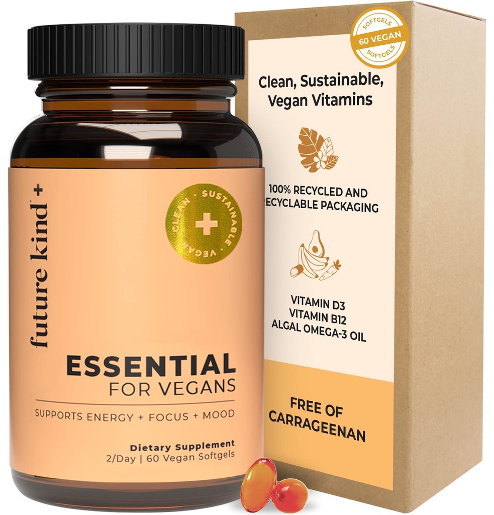 Multivitamines Vegan du genre futur - Bouteille en verre et faite pour les végétaliens avec Omega 3 DHA, EPA, Vitamine B12 & D3 pour l'énergie, focus, et l'humeur (60 Softgels)