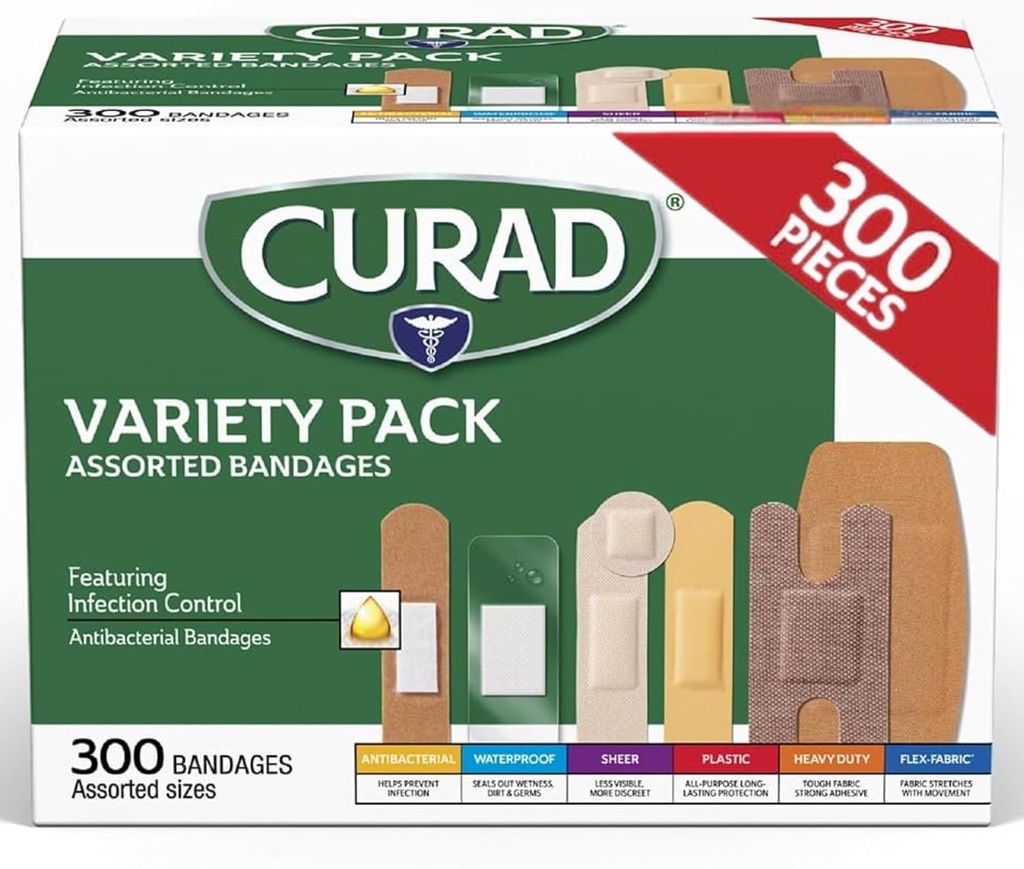 CURAD Assorted Bandages Variety Pack, 300 Count, 6 Styles Inklusive antibakterielle, wasserdicht, Sheer, Kunststoff, Heavy Duty & Flex-Fabric, Schützt Scrapes, Cuts & Burns, Latex-Free