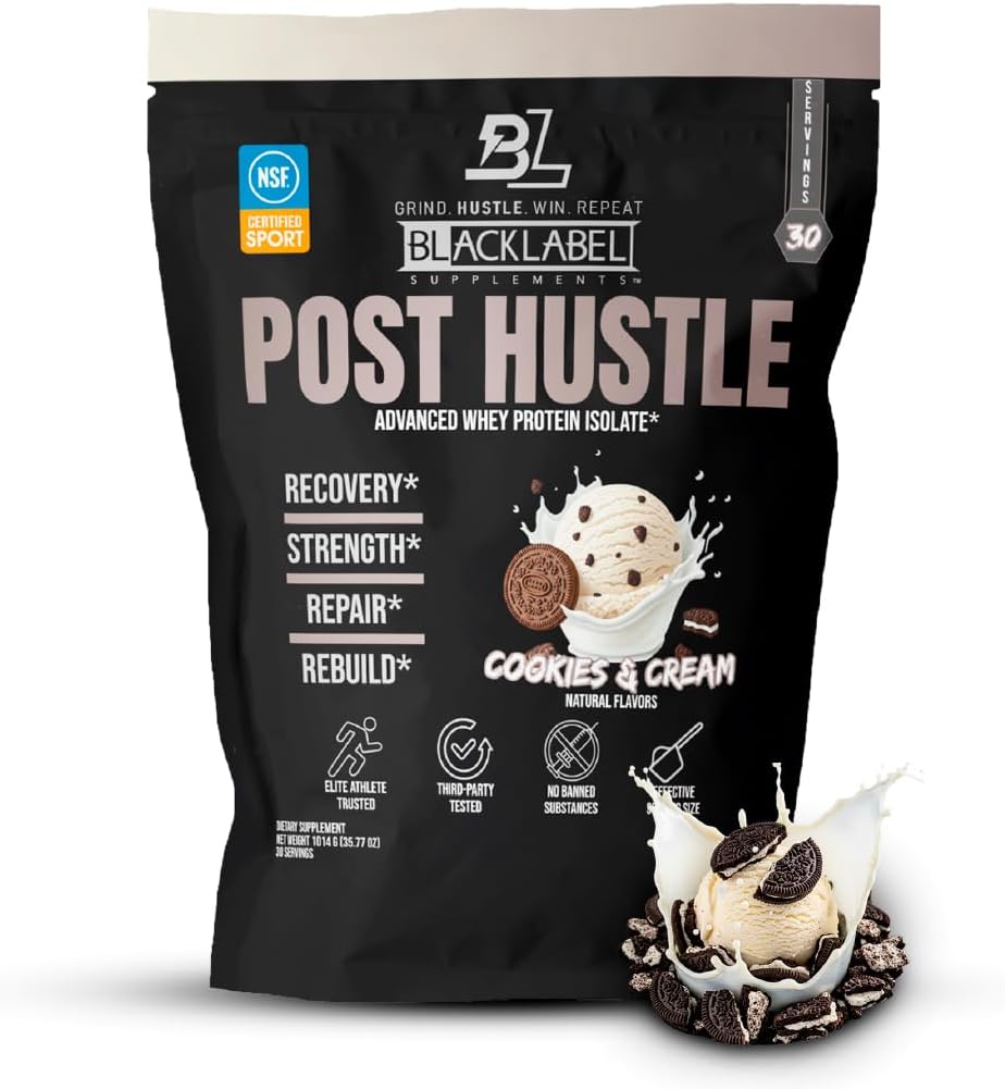 BLACKLABEL Suppléments post-entraînement en poudre de protéines après l'entraînement, 30 portions – NSF certifié pour la poudre de protéines de Whey Isolate Sport avec enzymes digestives – Cookies et crème