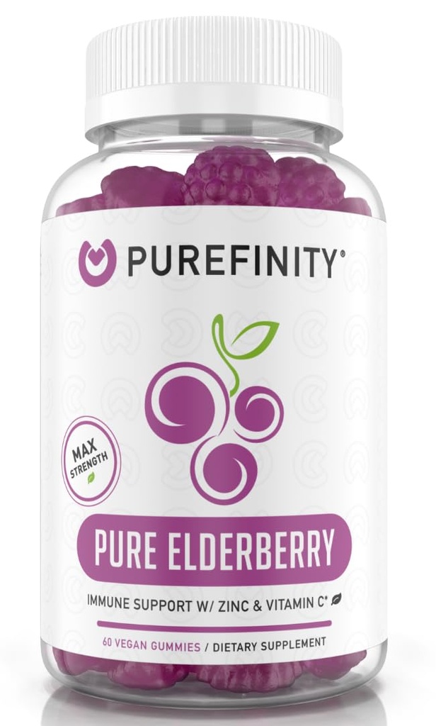 PUREFINITY Elderberry Gummies mit Sambucus, Vitamin C und Zink – Ihre perfekte tägliche 3-in-1 Ergänzung für Kinder & Erwachsene – Glutenfrei, Non-GMO, Vegan, 60 Graf