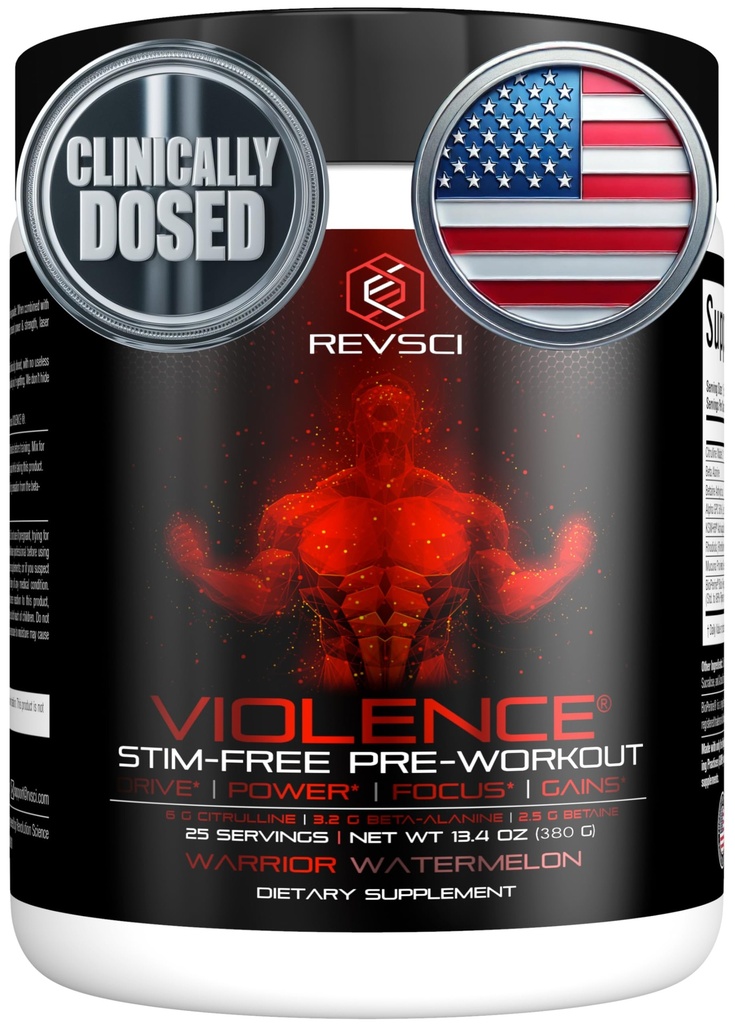 VIOLENCE Stim Free Pre Workout Powder by REVSCI, Precision Dosed Non Stim Preworkout Pump Pre Workout Caffeine Free Pre Workout Powder, Pump Supplement & Stimulant Free Nitric, Watermelon, 25 Servings