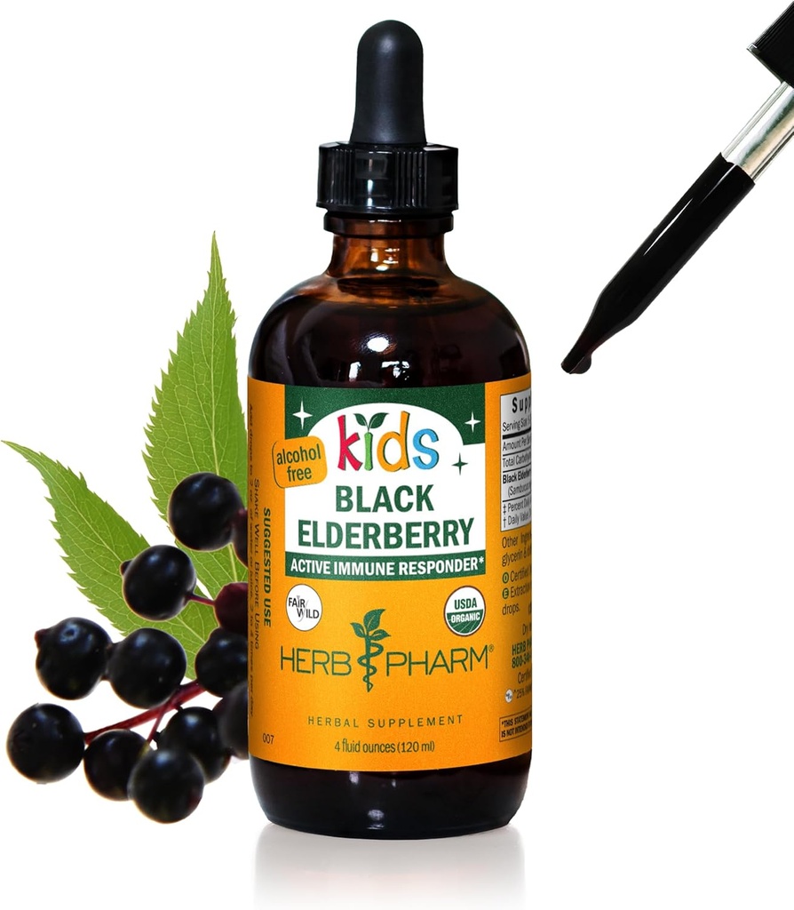 Herb Pharm Kids Certified-Organic Alcohol-Free Black Elderberry Glycerite Liquid Extract, 4 Unze