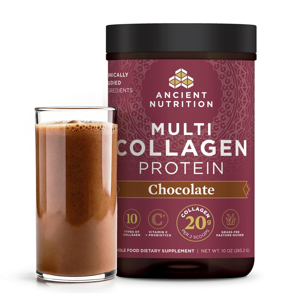 Antike Ernährung Collagen Peptide Pulver, Multi Collagen Protein, Frauen & Männer, Vitamin C, Probiotika, hydrolysiertes Kollagen, Unterstützt Haut, Gelenke, Gut Gesundheit, Schokolade, 24 Servierungen