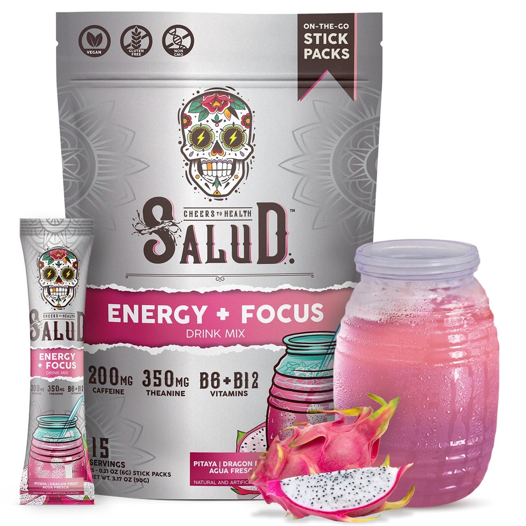 Salud 2-in-1 Energy Drink Powder + Focus, Dragon Fruit, Organic Caffeine, B6 + B12, Theanine, Clean Energy Drink Packets, Pitaya Agua Fresca Mix, Non-GMO, Glutenfrei, Vegan, 1g Zucker, (15 Portionen)