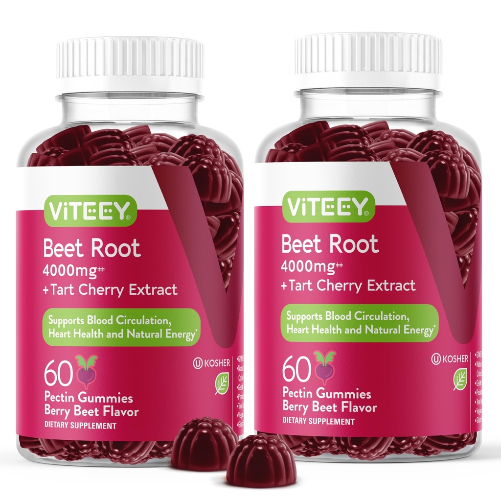 Gommies de racines de betteraves avec cerise de tart - Supplément de betterave pour la santé cardiaque, soutien de la pression artérielle - végétalien, sans gluten - 120 comte
