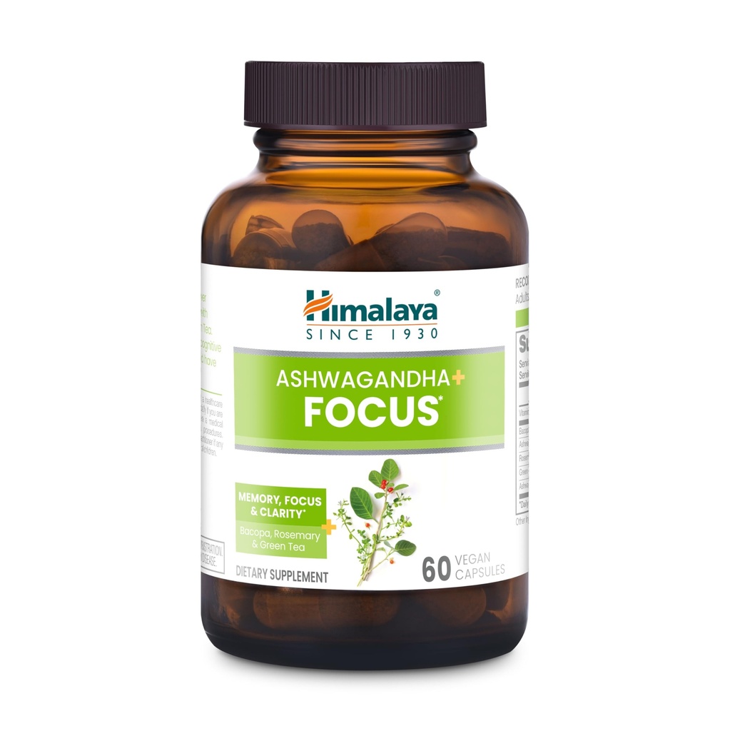 Himalaya Ashwagandha+ Focus - Supplément de focus à base de plantes avec B12, Rosemary, Green Tea et Bacopa Nootropics pour la mémoire et la clarté - végétalien, non-OGM, sans gluten, 1690 mg, 60 Caplets