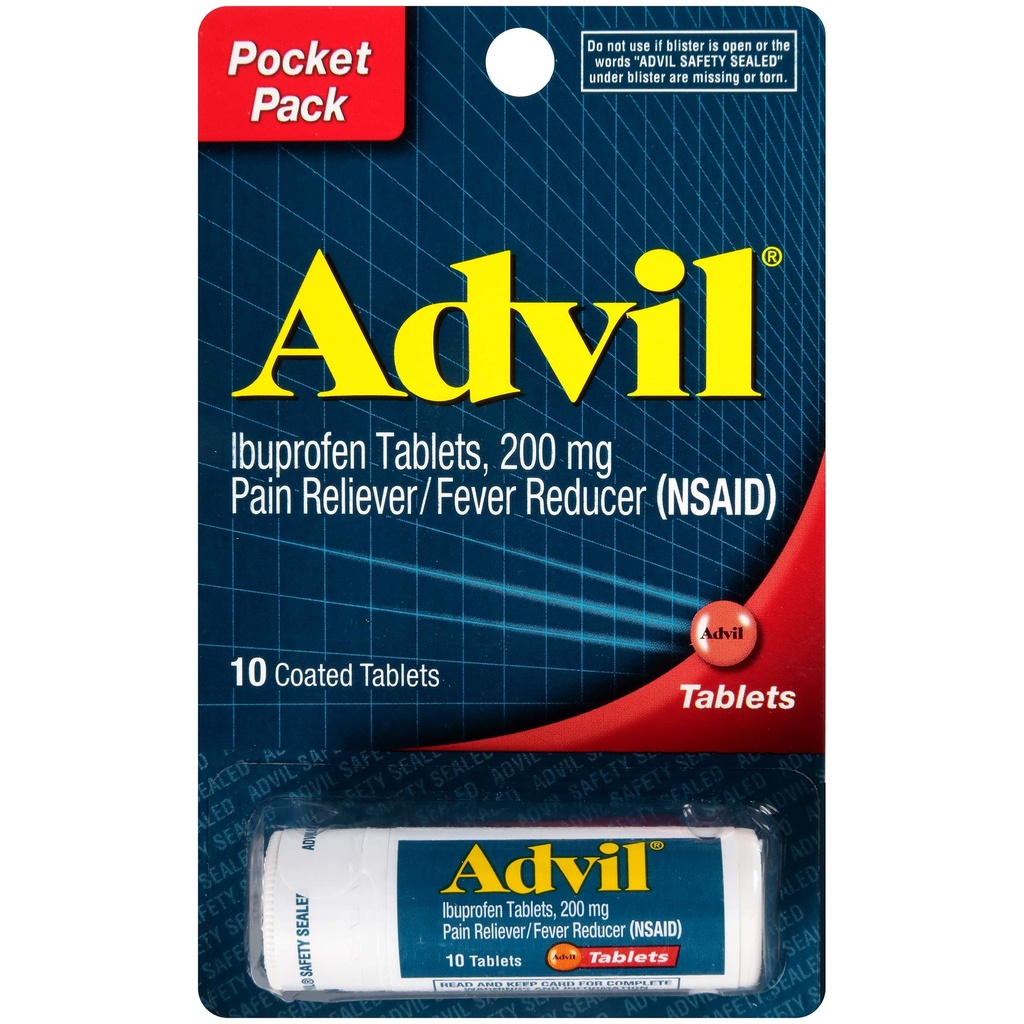 Advil Coated Tablets Pain Reliever und Fever Reducer, Ibuprofen 200mg, 4 x 10 Count Vial, Fast Pain Relief, Pocket Pack