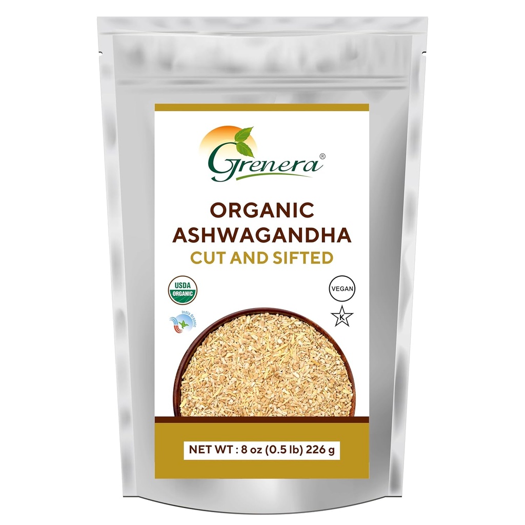 Grenera Organic Ashwagandha Root Cut und Sifted 8 oz, Withania Somnifera USDA Zertifiziert 3 bis 5 mm Größe, Best for Making Herbal Tea