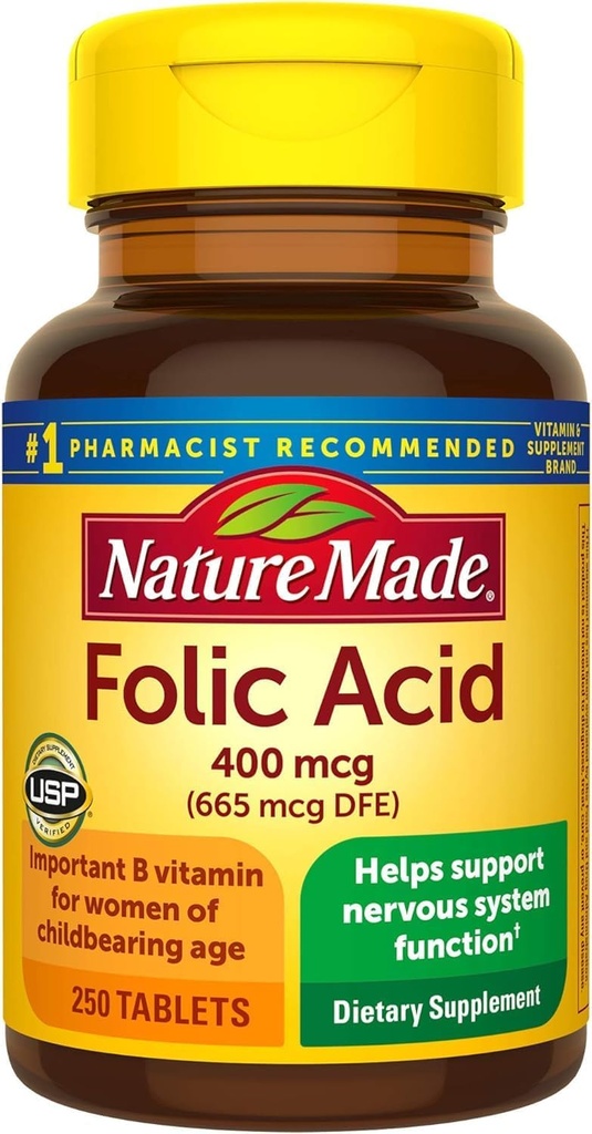 Nature Made Folic Acid 400 mcg (665 mcg DFE) Tablets, 250 Count (Packaging May Vary)