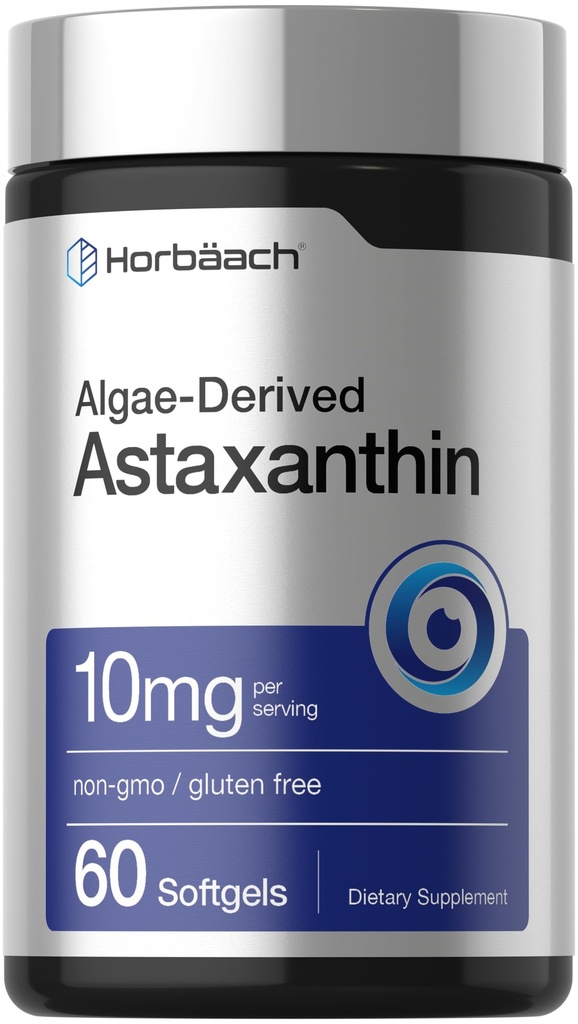 Horbäach Suppléments d'astaxanthine : 10 mg 60 Softgels Formule dérivée d'algues non-OGM, sans gluten
