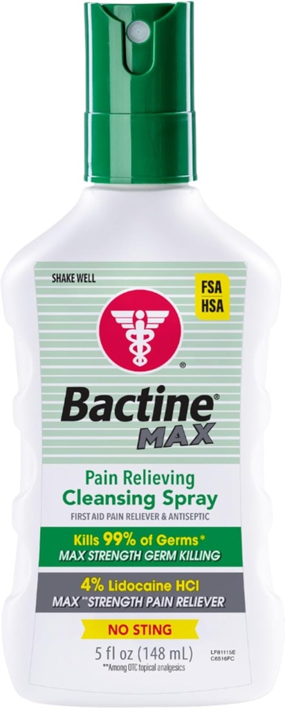 Bactine Max Pain Relieving Antiseptic Spray mit Lidocaine, Erste Hilfe Schmerz + Itch Relief, No-Sting, Kills 99% von Germs*, 5oz