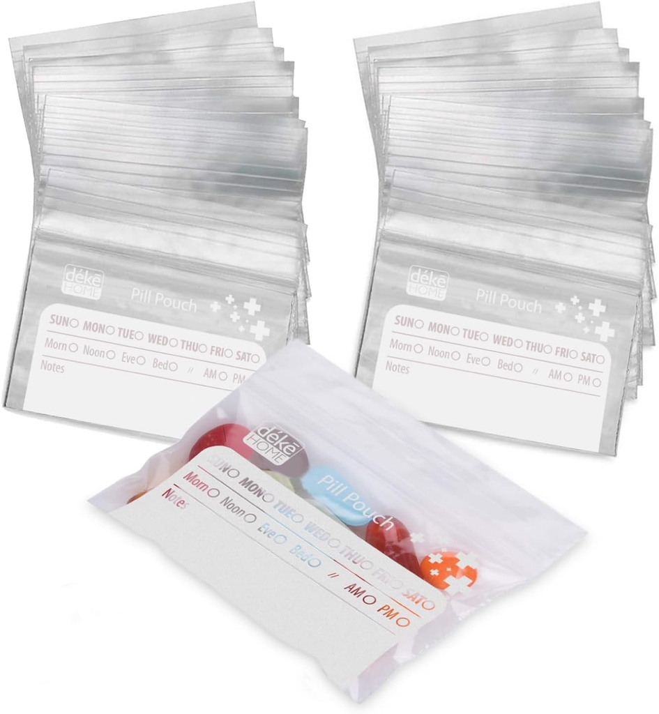 Deke Home - 250 Pack Sacs à pilules transparents (4x2,75 in), Pochettes de médecine de voyage avec étiquette sur papier, sans BPA-libre Organisateur de pilules jetables pour les médicaments, vitamines et suppléments