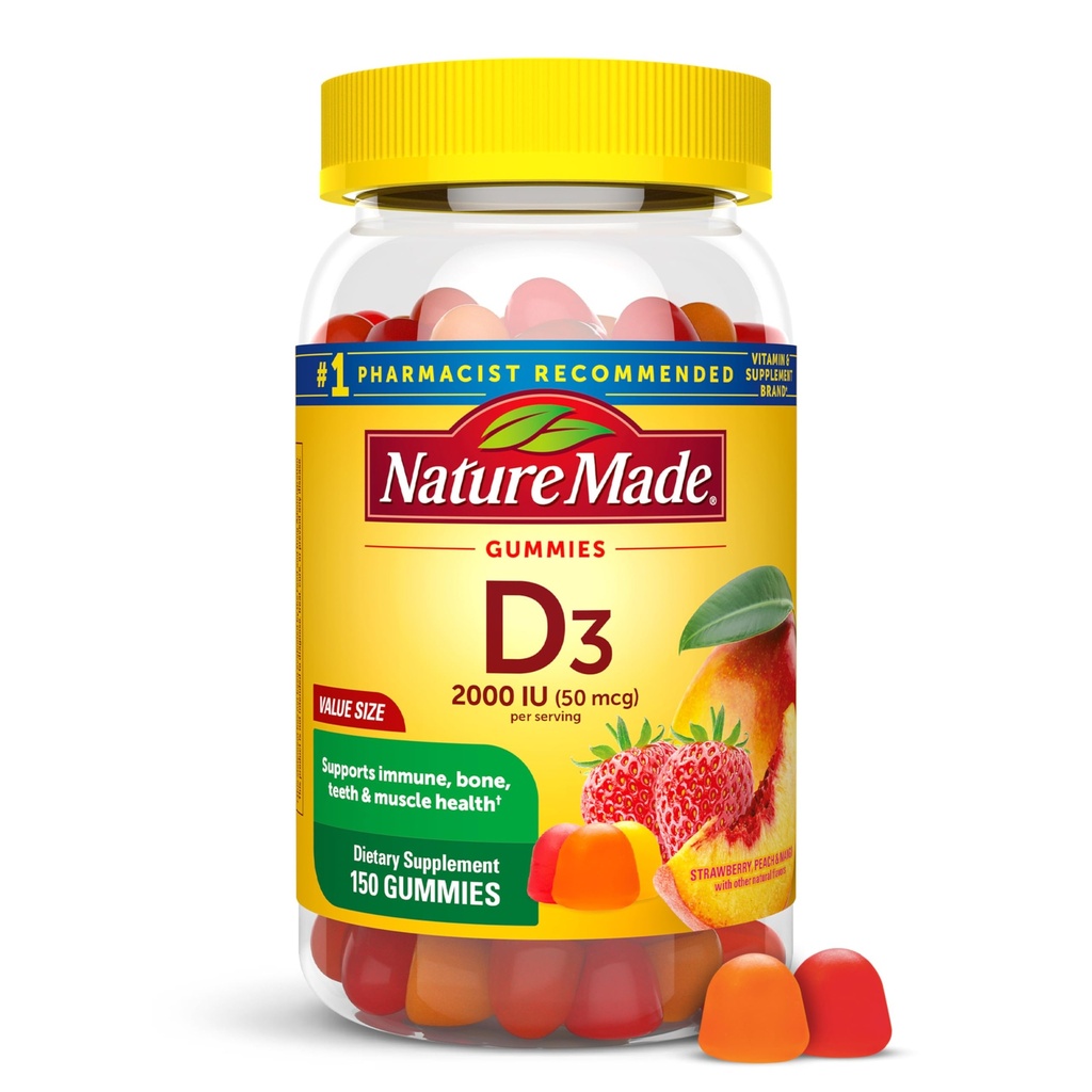 Nature faite de vitamine D3 2000 UI par portion Gommies, os, dents, muscles et immunitaires, 75 jours d'approvisionnement, 150 Gommies de vitamine D pour adultes