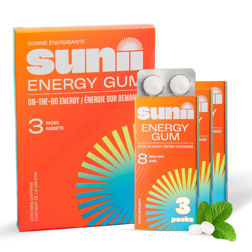 SUNII ENERGY GUM - New Quick Boost Energy & Focus - 50mg Koffein Gum -Vitamine B6 & B12, Taurine, Vegan, kein Zucker, Zero Calorie, Frischer Mint Geschmack - Schnellere Dan Chews, Getränke, Gels & Pills (24pcs)