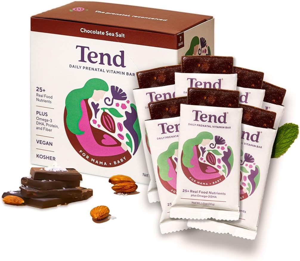 Tend Daily Best Prenatal Vitamin Bar, Hergestellt mit organischen Zutaten für schwangere & Postpartum Mütter, Inklusive DHA, Vitamin D, B, Choline, Folate - Schokoladen-Meersalz (7ct)