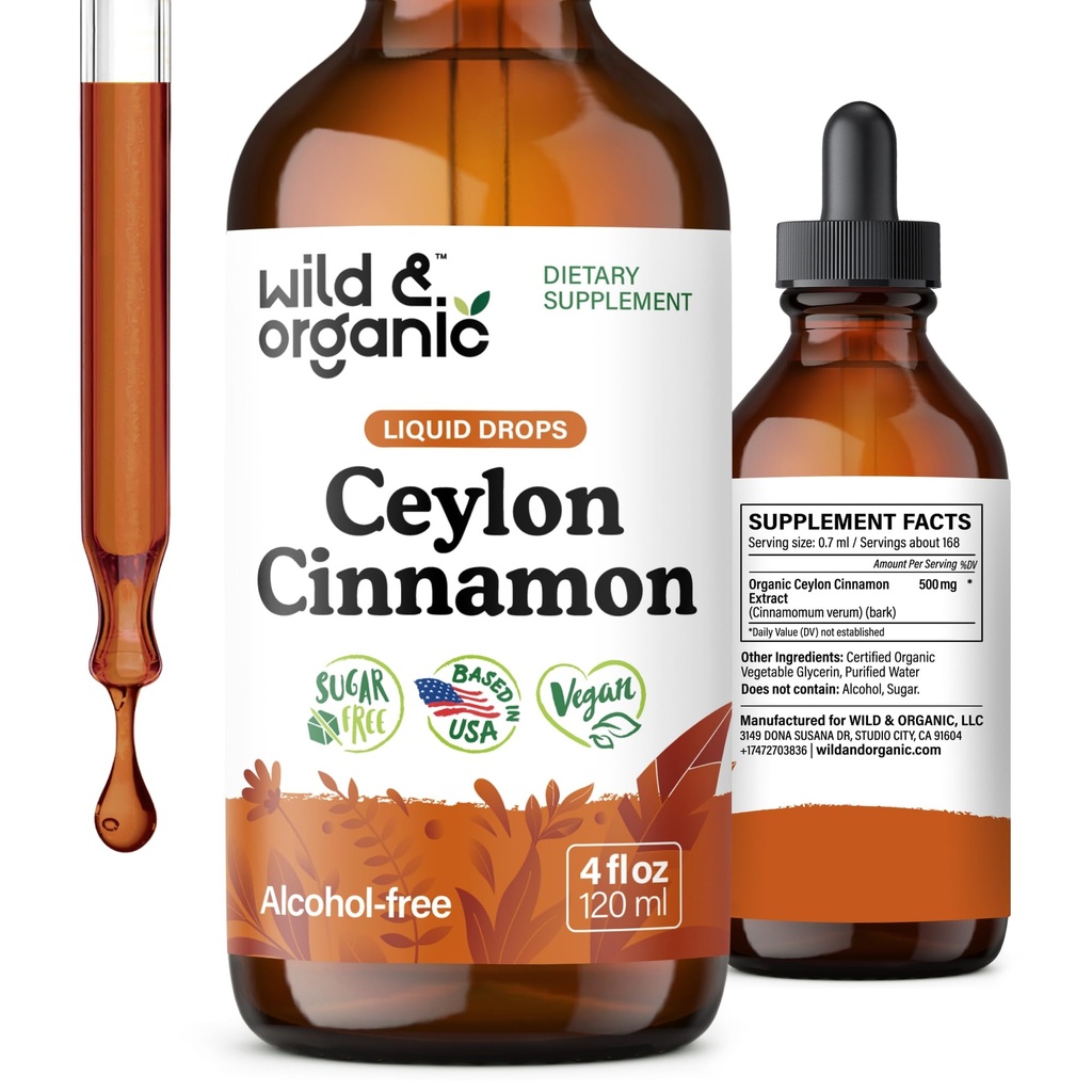 Wild & Organic Ceylan Cinnamon Teinture 500 mg - Suppléments de cannelle liquide pour le soutien global - Extrait d'écorce de cinnamomum Verum - végétalien, sans sucre et sans alcool, non-OGM - 4 fl oz