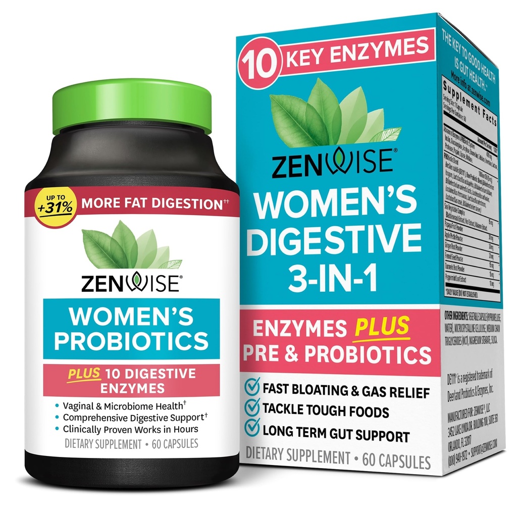 Zenwise Health 3-in-1 Frauen Probiotische Ergänzung für Verdauung, Gut Flora & Vaginale Gesundheit - Daily Probiotics & Prebiotics für Frauen mit Verdauungsenzymen unterstützt Bloating & Gas Relief - 60 Count