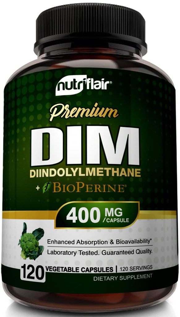 NutriFlair DIM Supplement 400mg mit Bioperine, 120 Kapseln - Diindolylmethan - Estrogen Metabolism Support & Hormone Balance, Menopause, PCOS, Akne und Hautpflege für Männer & Frauen - vergleichen Sie mit 300mg