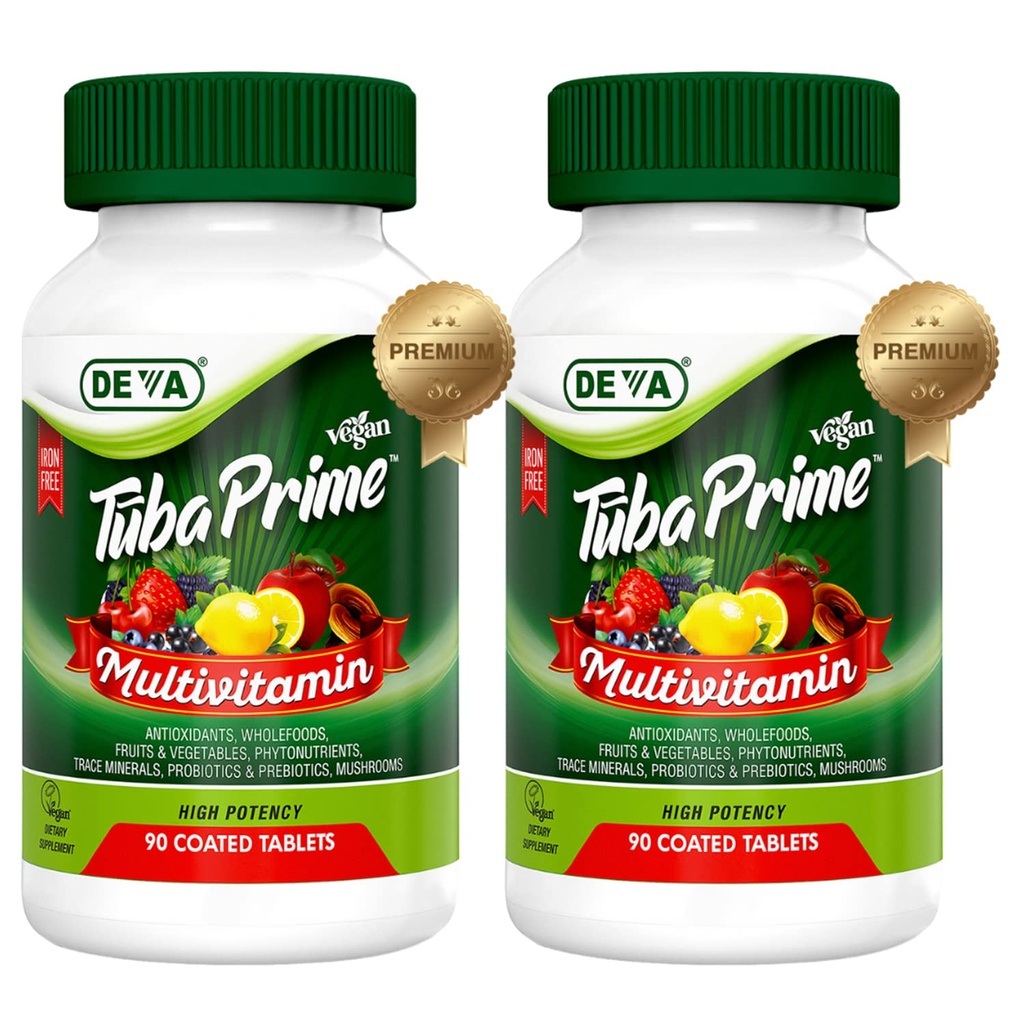 DEVA Tuba Prime Vegan Multivitamin Iron-Free High-Potency Vitamin & Mineral Dietary Supplement Antioxidants, Fruit & Veg Blend, Super Mushrooms, Probiotics, Prebiotics, Seeds, Herbs 90 Tabs 2-Pack